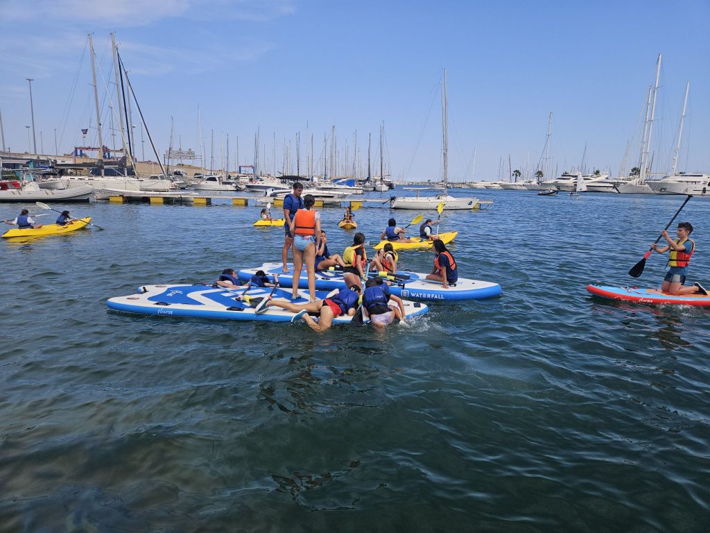 20260707_1712338898935525965222715 Group of people wearing life jackets paddleboarding and kayaking near a marina on a sunny day with sailboats in the background